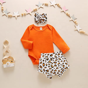 Solid Romper and Leopard Shorts Outfit with Headband 3PCS Set