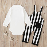 White Romper With Striped Dungarees 2PCS Set 12M-24M